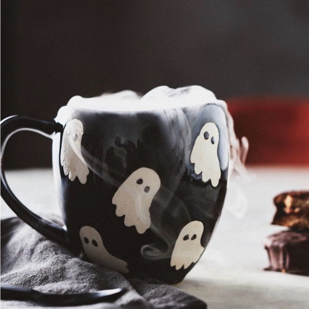 2 Anthropologie mugs Spooky Ghost Black - Perfect for Halloween Parties